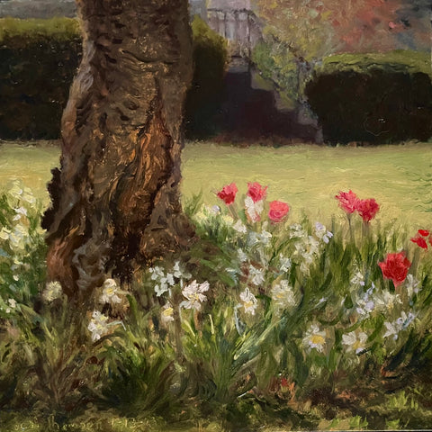 A Corner Yard in April, oil on board painting by Cerulean Arts Collective Member Jeff Thomsen