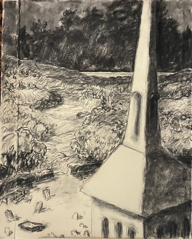 Charcoal Study for La vallée des cloches, charcoal on Rives BFK paper drawing by Cerulean Arts Collective Member Jeff Thomsen