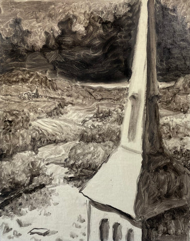 Grisaille Study for La vallée des cloches, oil on linen painting by Cerulean Arts Collective Member Jeff Thomsen