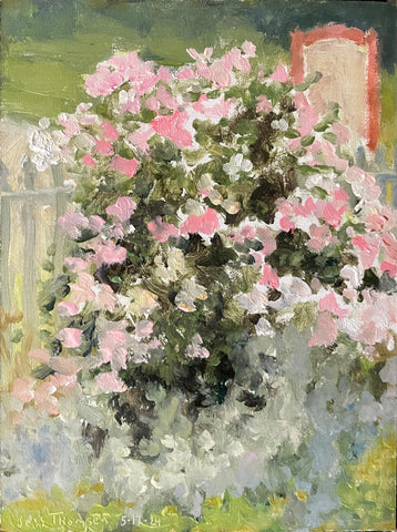 Rose Bush and Historical Marker, oil on linen on board painting by Cerulean Arts Collective Member Jeff Thomsen