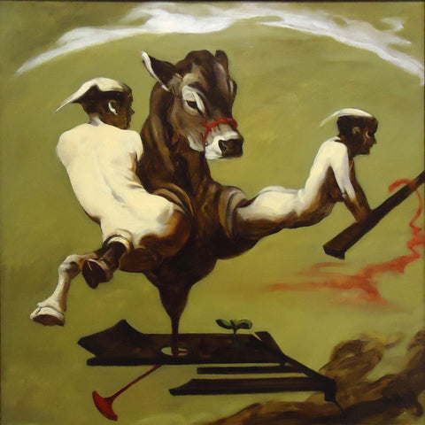 One Food Animal and Two Humans, oil on panel painting by Philadelphia artist Patricia Traub