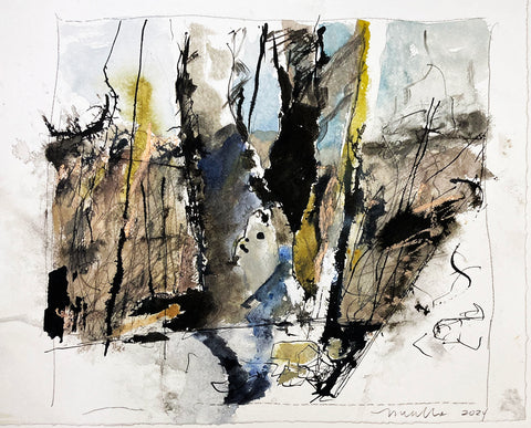 Tyler House Trees 1, watercolor with ink and crayon on paper landscape painting by Cerulean Arts Collective member Mark Willie