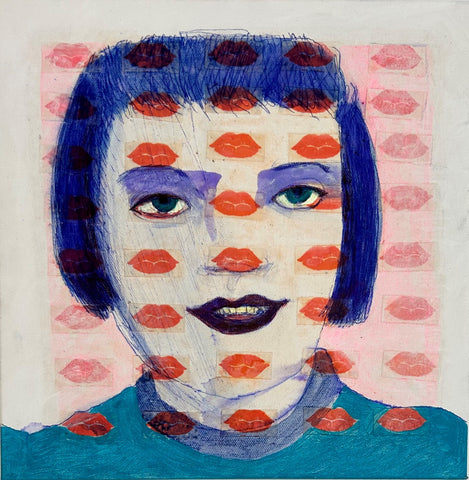 Kathy Kisses, ink with stickers on canvas painting by Cerulean Arts Collective Member Ruth Wolf