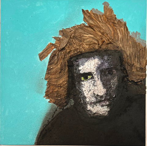 Vespid, acrylic with wasp nest paper on canvas painting by Cerulean Arts Collective Member Ruth Wolf